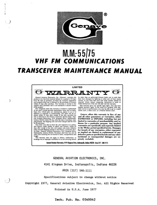 Genave M.M.-55/75 VHF FM Communications Transceiver Maintenance Manual