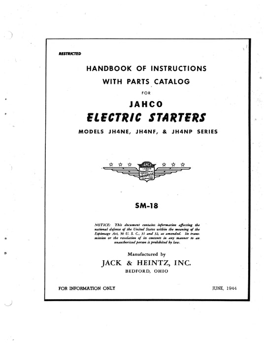 Jack & Heintz Jahco Electric Starters JH4NE, JH4NF, JH4NP Instructions with Parts SM-18