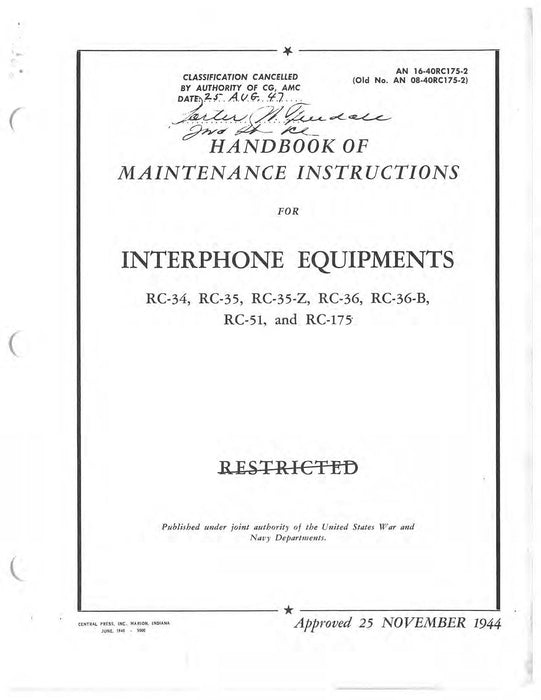 Interphone Equipments RC-34, -35, -35-Z, -36, -36-B, -51, -175 Maintenance Instructions 16-40RC175-2