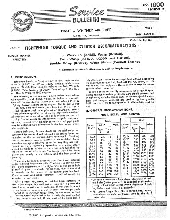 Pratt & Whitney Aircraft Service Bulletin No.1000 Rev.M Service Letters, Bulletins (2R-R1-2)