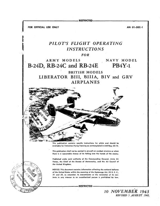 Vultee, Consolidated B-24D,RB-24C,RB-24E 1943 Pilot's Flight Operating Instructions Manual (01-5EC-1)