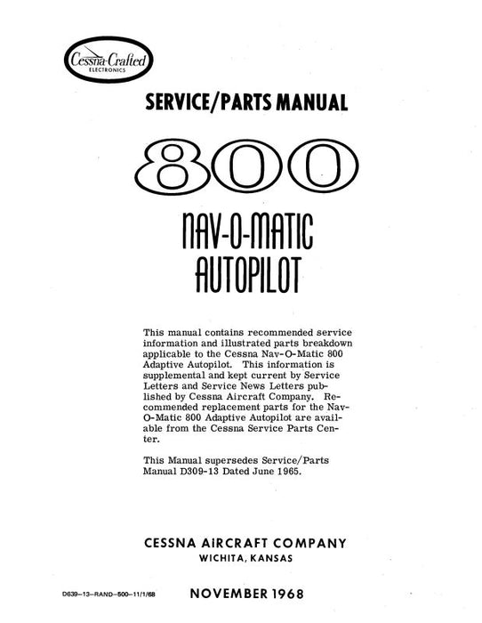 Cessna 800 Navomatic Autopilot 1968 Maintenance, Parts (D639-13)