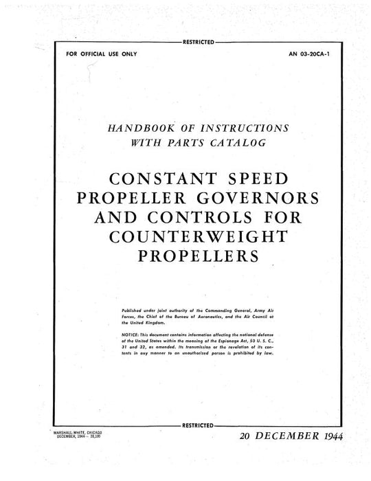 Hamilton Standard Constant Speed Propeller Governor Parts Catalog With Instructions (03-20CA-1)