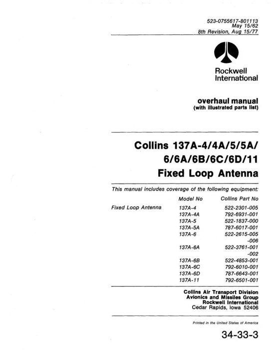 Collins 137A-4-4A-5-5A-6-6A-6B-6C-6D-1 Overhaul Manual with Parts List (520-0755617-801)