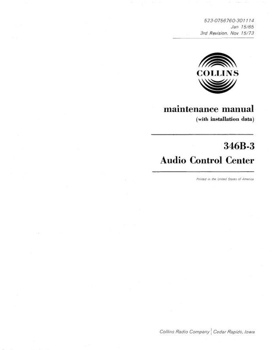 Collins 346B-3 Audio Control Center Maintenance Manual with Installation Data (523-0756760-301114)