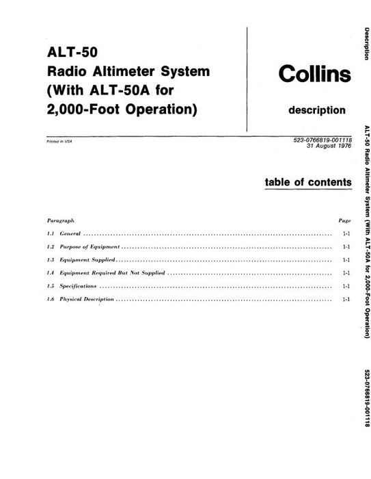 Collins ALT-50, -50A Radio Altimeter Sys Instruction Book (523-0766819-001)