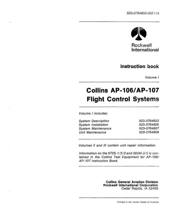 Collins AP-106-107 Flight Control Sys Maintenance Manual with Installation Data (523-0764802-002)
