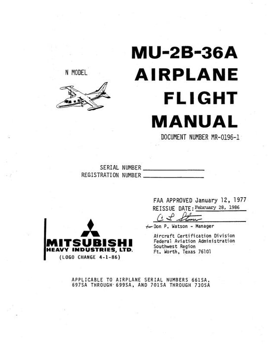 Mitsubishi Heavy Industries Mitsubishi MU-2B-36A 1977 Flight Manual Supplement