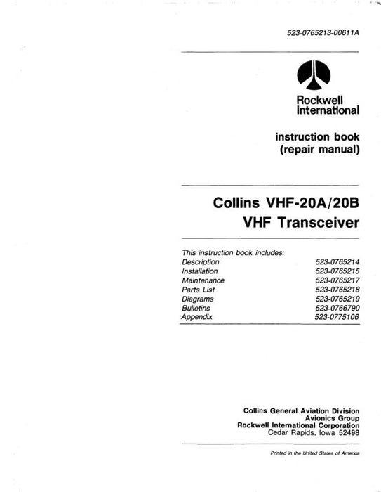 Collins VHF-20A-20B 1987 Instruction Book (Repair Manual) (523-0765213-006)
