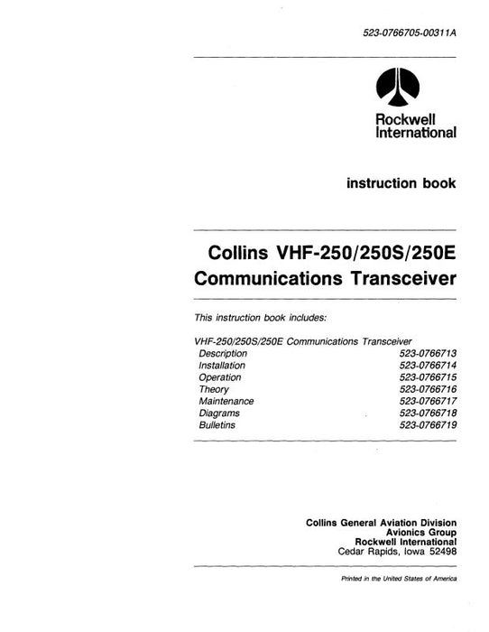 Collins VHF-250-250S-250E Com. Receiver Instruction Book (523-0766705-002)