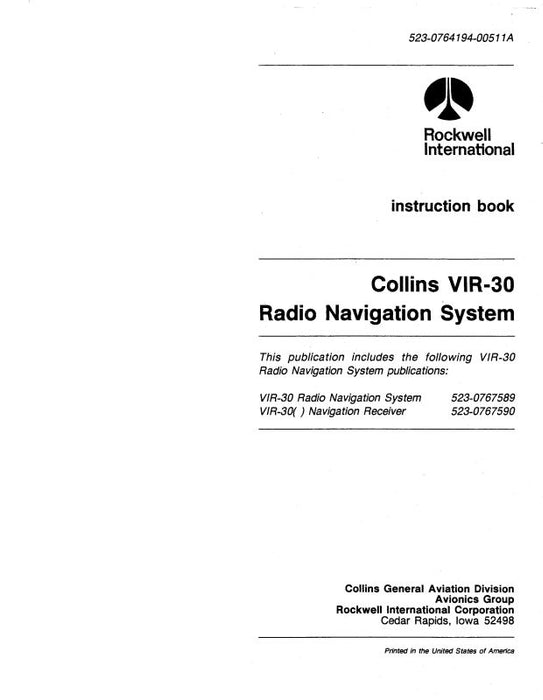 Collins VIR-30 Radio Nav. System 1987 Instruction Book (523-0764194-005)