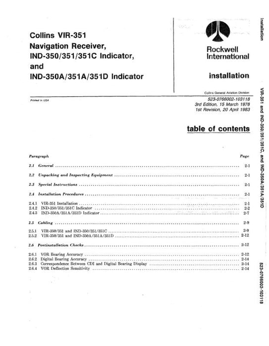 Collins VIR351,IND-350-351-351C Indicator Installation Manual (523-0766001)