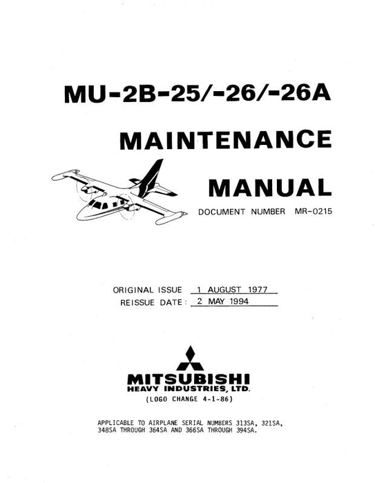 Mitsubishi Heavy Industries MU-2B-25--26--26A Maintenance Manual (MR-0215)