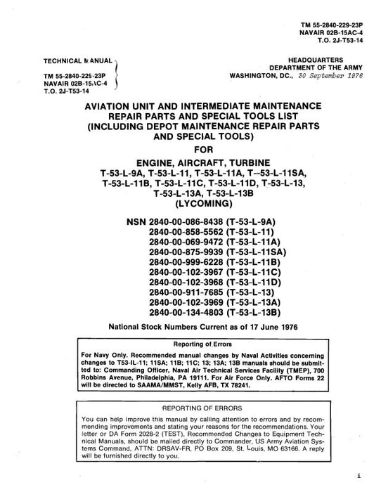Lycoming T53-L-9A, -11, -13 Parts Manual (55-2840-229-23-P)