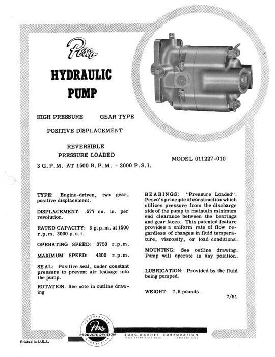 Pesco Hydraulic Pump Aircraft Specifications Aircraft Specifications (PEHYDRAULICPUMP-SP-C)