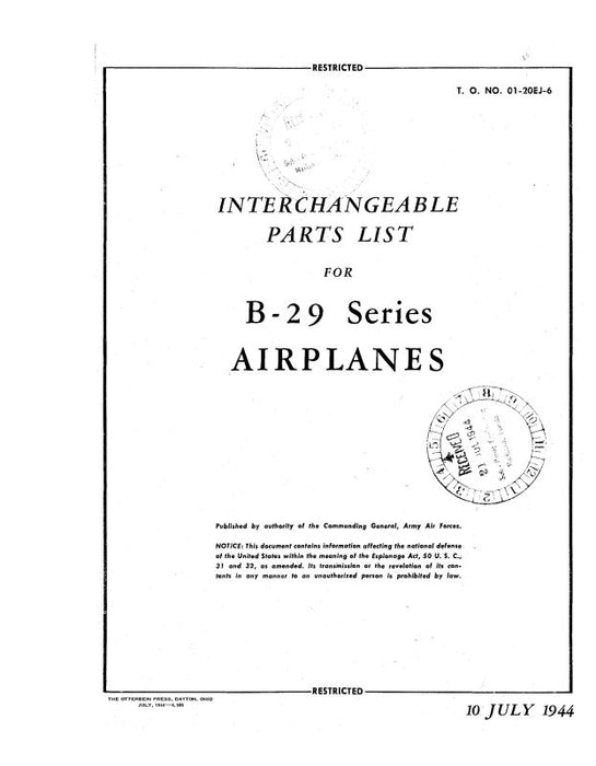 Consolidated B-29 Airplanes 1944 Interchangeable Parts List (01-20EJ-6)