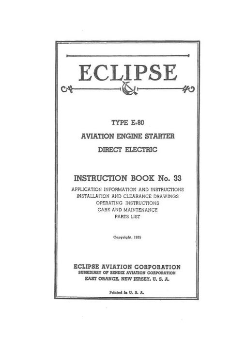 Eclipse Aviation Corporation E-80 Engine Starter Instruction Book (NO.-33)