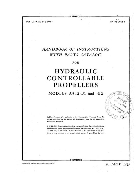 Aeroproducts Propeller Models A542-B1, B2 Instructions With Parts Catalog (03-20EB-1)