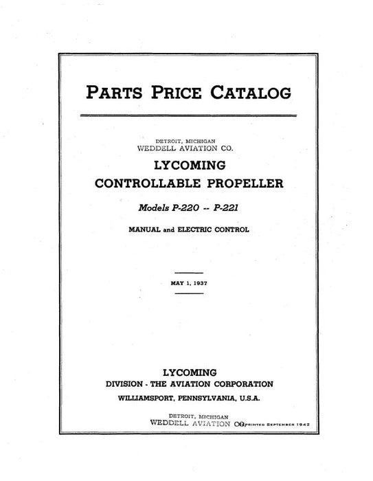 Lycoming Models P-220, P-221 1937 Parts Price Catalog (03-20D-1)