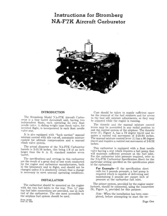 Bendix NA-F7K Stromberg Carburetors Instructions (10-626)
