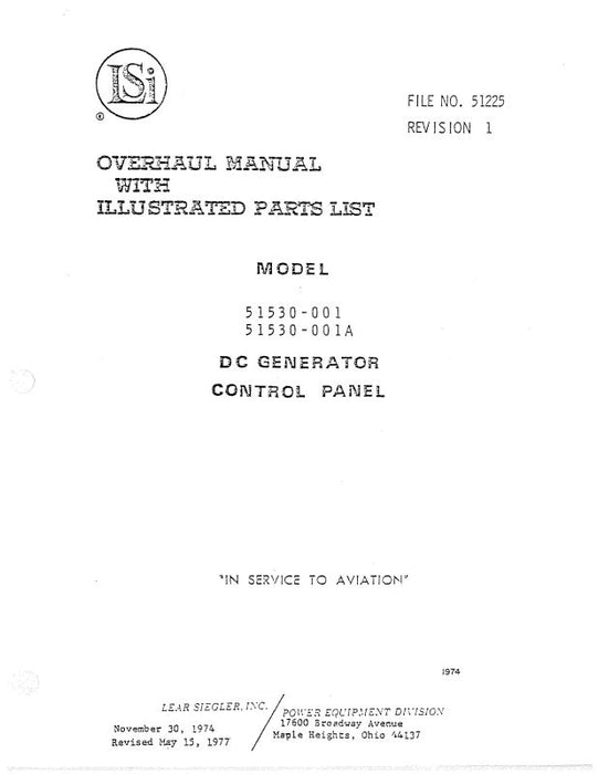 Lear Seigler 51530-001, 001A DC Generator Overhaul With Illustrated Parts List (51225)