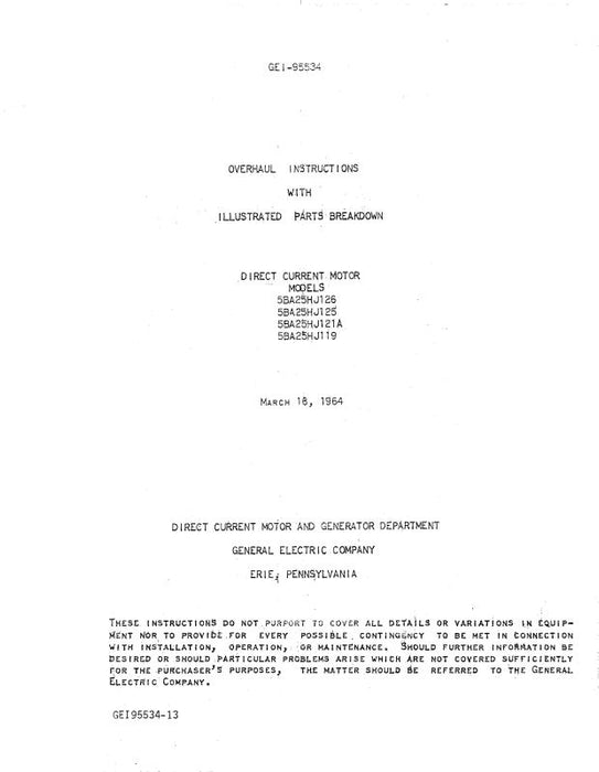 General Electric Company Direct Current Motors 1964 Overhaul Instructions With Illustrated Parts (GEI95534-13)