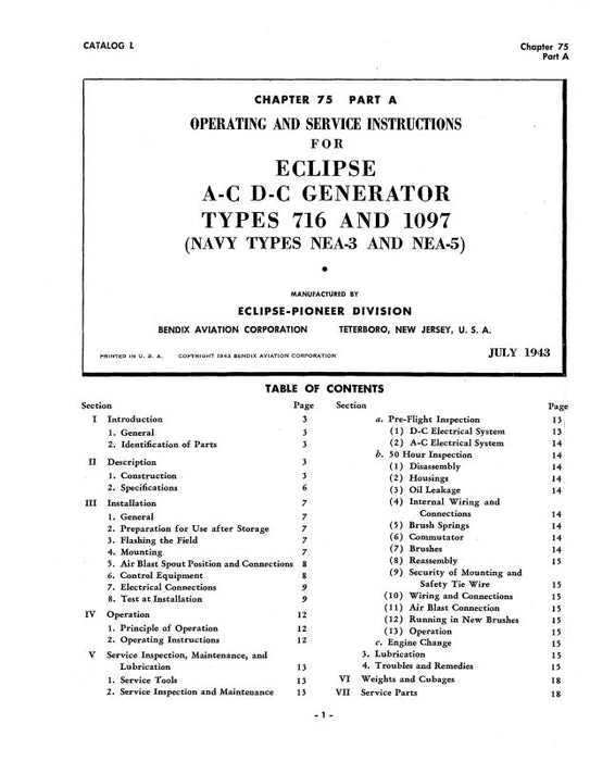 Bendix A-C,D-C Generators 1943 Maintenance & Operating (BX716,1097-43-M-C)