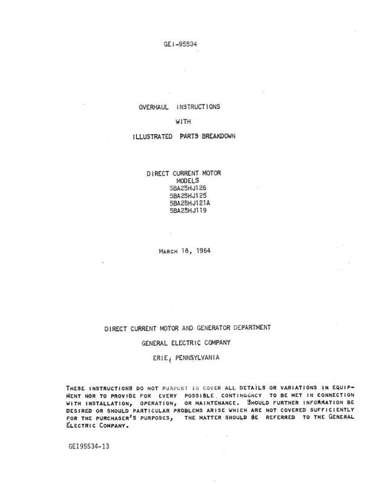 General Electric Company D-C Motor 1964 Overhaul Instructions With Illustrated Parts (GEI-95534)