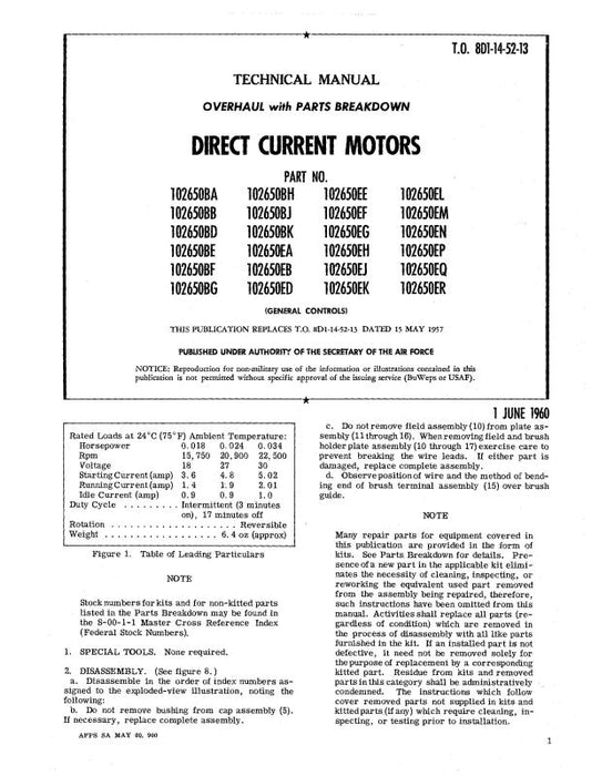 General Controls Direct Current Motor 1960 Overhaul With Parts Breakdown (8D1-14-52-13)