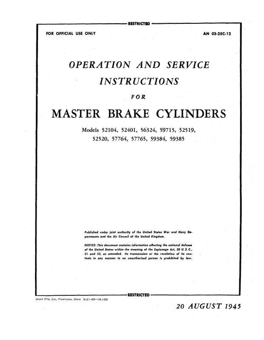 Bendix Master Brake Cylinders 1945 Operation & Service Instructions (03-25C-12)
