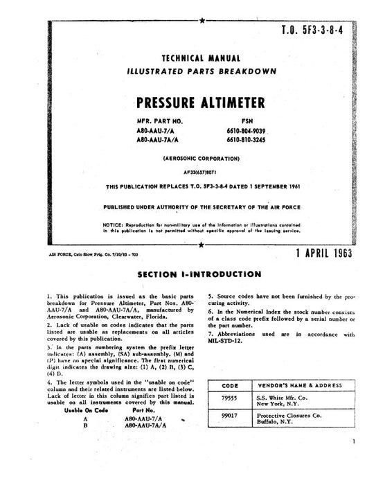 Aerosonic Corporation A-80-AAU-7-A Pressure Altimeter Parts Catalog (5F3-3-8-4)