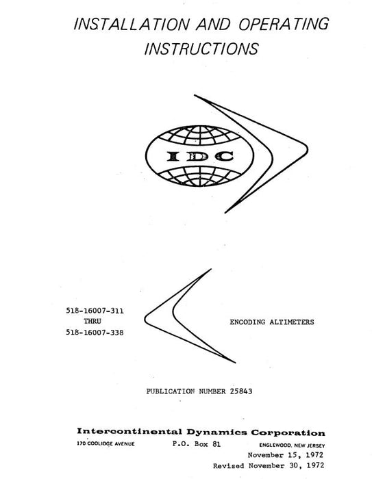 Intercontinental Dynamics Corp Encoding Altimeters 1972 Installation & Operating Instructions (25843)