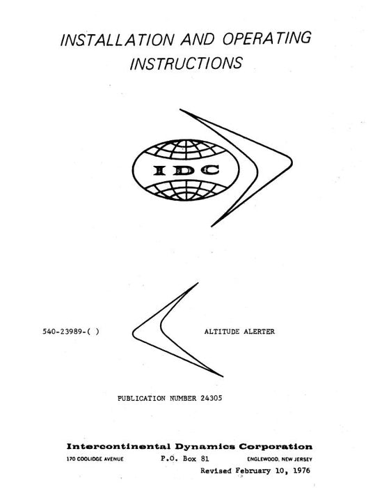 Intercontinental Dynamics Corp Altitude Alerter 1976 Installation & Operating Instructions (24305)