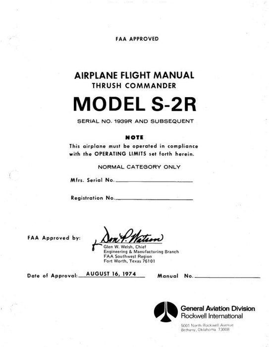 Aero Commander S-2R Thrush Commander 1974 Flight Manual (ACS2R-F-C)