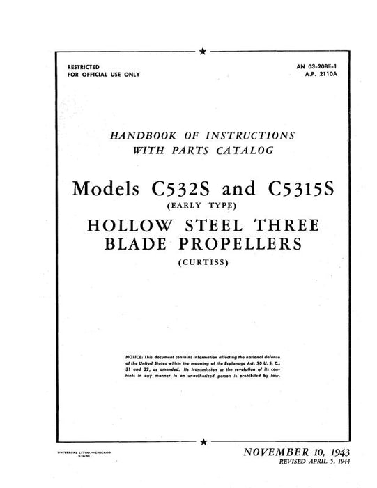 Curtiss-Wright Hollow Steel Propeller 3 Blade Handbook Of Instruction With Parts Catalog (03-20BE-1)