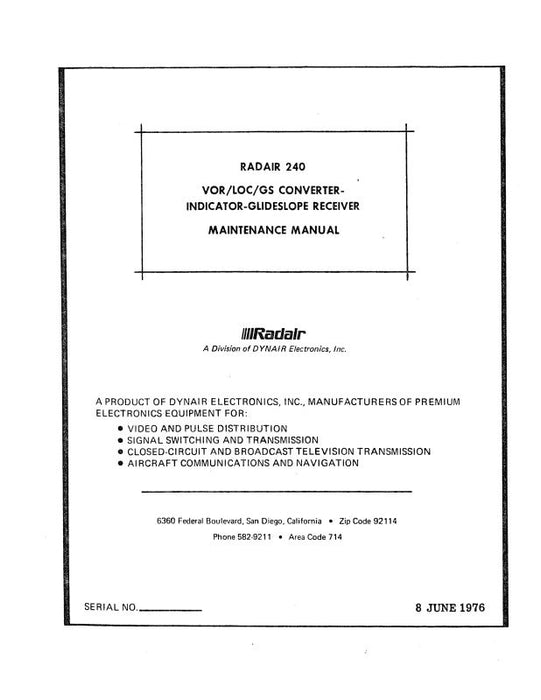 Radair 240 VOR-LOC-GS Maintenance Manual (RD240VOR/LOC/GS)