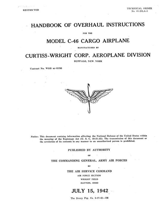 Curtiss-Wright C-46 Cargo Airplane 1942 Overhaul Instructions (01-25LA-3)