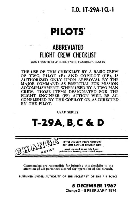 Consolidated T-29A, B, C, D 1967 Pilot's Abbreviated Flight Crew Checklist (1T-29A-1CL-1)