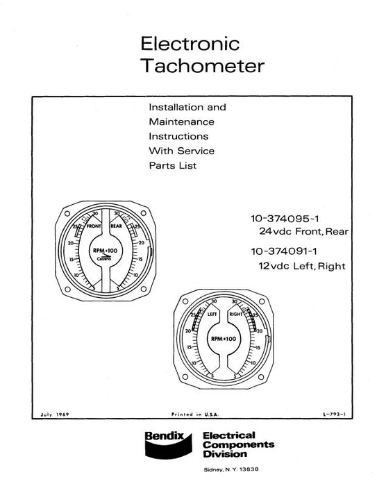 Bendix Electric Tachometer 1969 Installation, Maintenance, Parts (L-793-1)