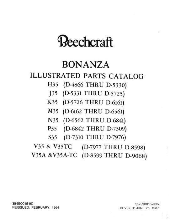 Beech H,J,K,M,N,P,S35,V35,TC,V35A,TC Illustrated Parts Catalog (35-590015-9C5)