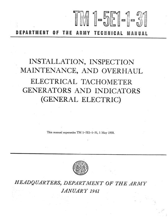 General Electric Company Electrical Tachometer 1961 Electrical Tachometer, Generators & Indicators (1-5E1-1-31)
