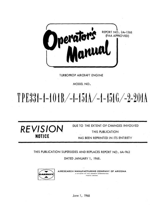 Garrett TPE331-1--2 1968 Turbo Prop Operator's Manual (3A-1268)