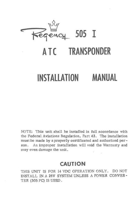 Regency Avionics 505 I ATC Transponder Installation Manual (RC505-IN-C)