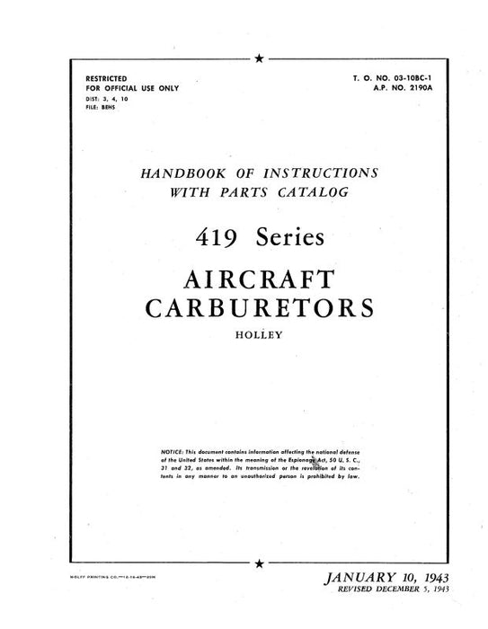Holley Carburetor Company 419 Series Aircraft Carburetors Instructions With Parts Catalog (03-10BC-1)
