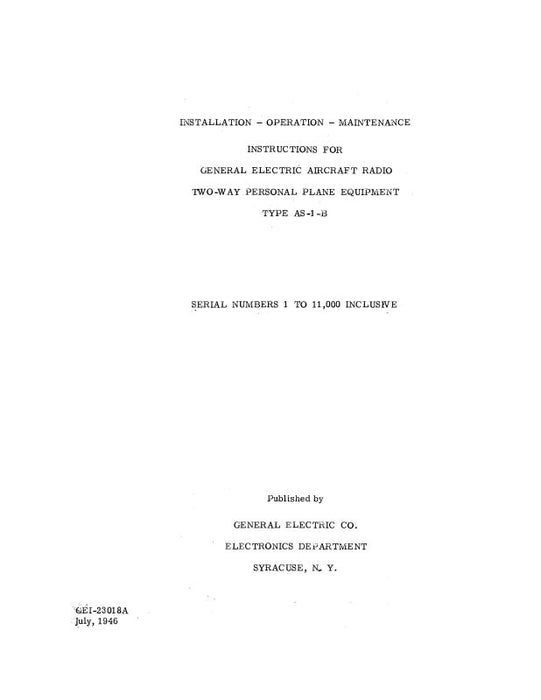 General Electric Company AS-1B Instructions Installation, Operation & Maintenance Instructions (GEAS1B-IN-C)