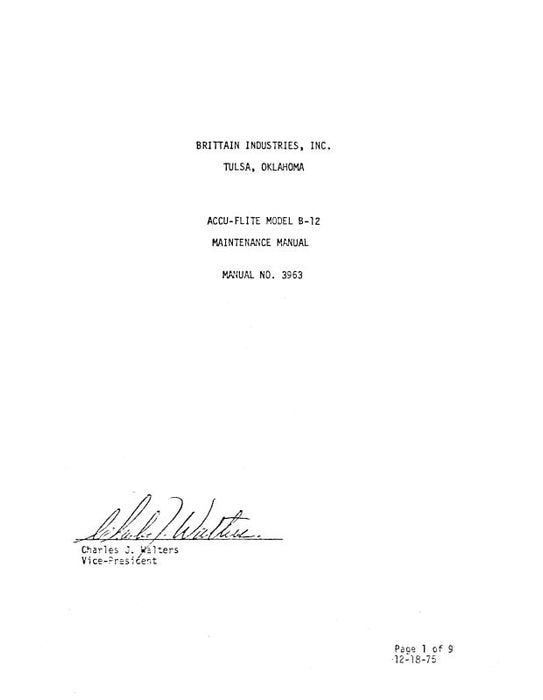Brittain Industries Accu-Flite Model B-12 1975 Maintenance Manual (3963)