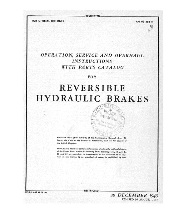 Hayes Industries Reversible Hydraulic Brakes Operation, Service, Overhaul, Parts (03-25B-8)