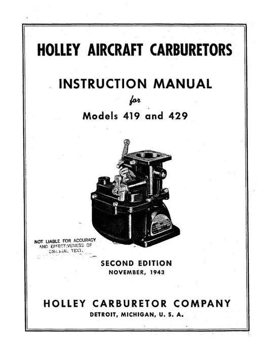 Holley Carburetor Company 419 & 429 Aircraft Carburetors Installation & Maintenance (HO419,429-43-IN)