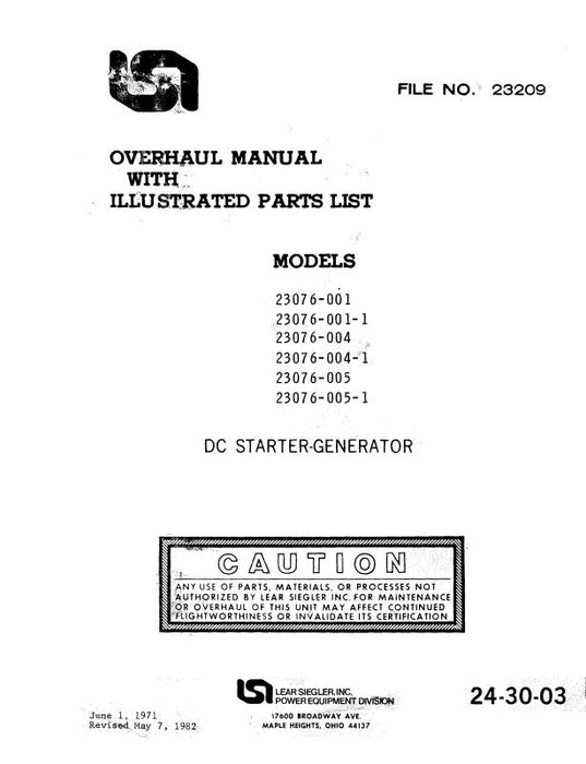 Lear Seigler 23076 Series 1971, Rev. 1982 Overhaul Manual with Illustrated Parts List (24-30-03)