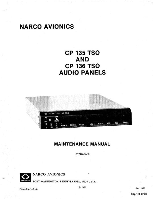 Narco CP 135, 136 TSO Audio Panels Maintenance Manual (03740-0600)
